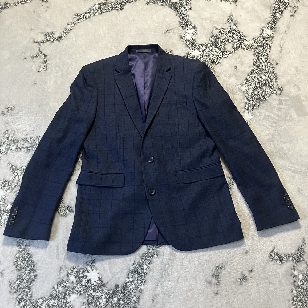 Primark Blazer Mens Size‎ 38S Blue Plaid Windowpane Wool Blend Slim Fit